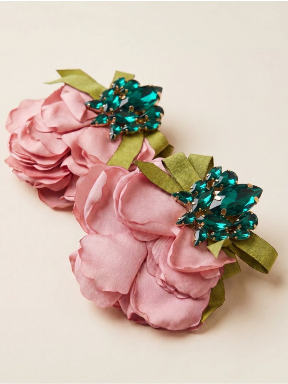 Pink fabric petal with Teal Crystal Accent earrings Large Statement earrings